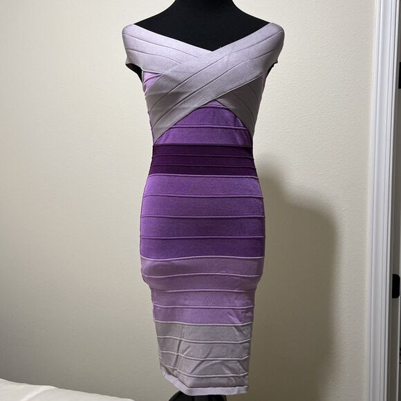 Bebe Purple Pastel Ombré Bodycon Bandage Dress Stripes Sz S Going Out Club Y2K - Picture 1 of 15